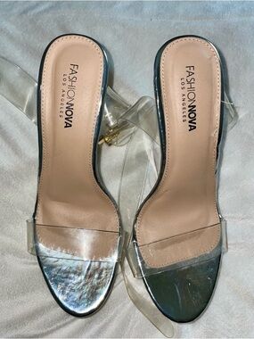 Fashion Nova Iridescent Clear Strap Slide Heels - Holographic Blue/Green